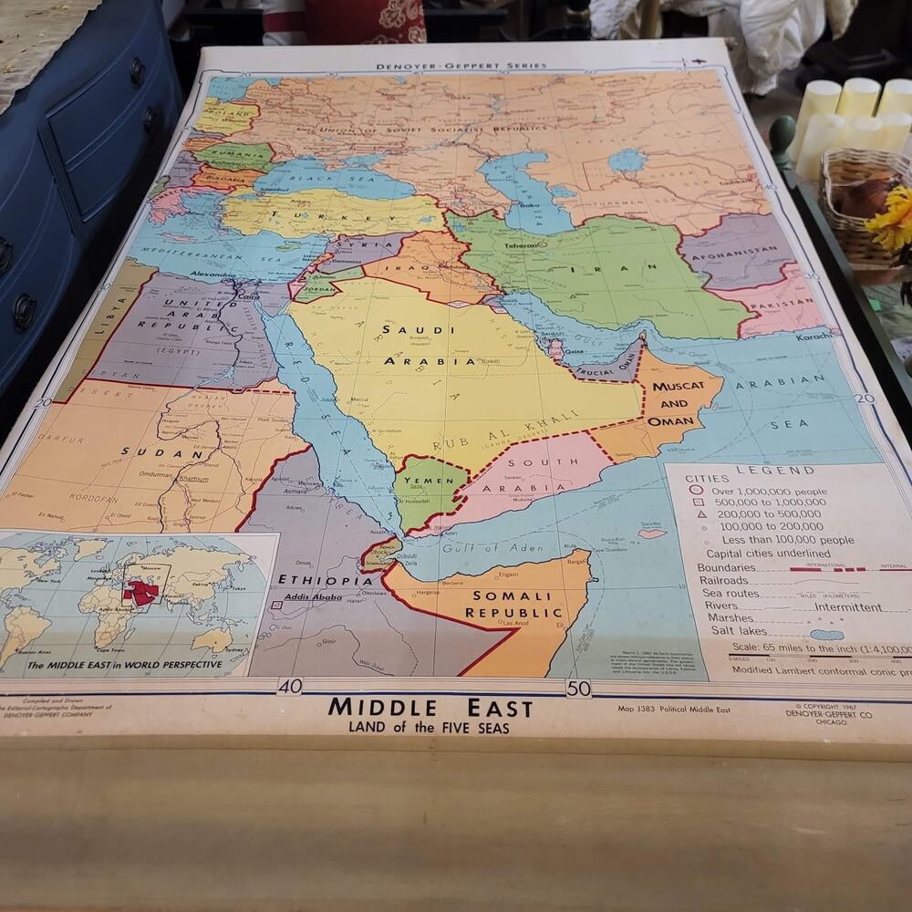 1967 Denoyer Geppert School Wall Rollup Map The Middle East World Perspective
